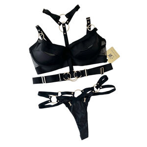 Honey Birdette Black Harness Lingerie Set Bra 32H Thong XXS NWT Gold Rings